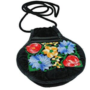 Hand Embroidered Velvet Mini Crossbody Bag Purse Multicolor Floral Stitched Flat